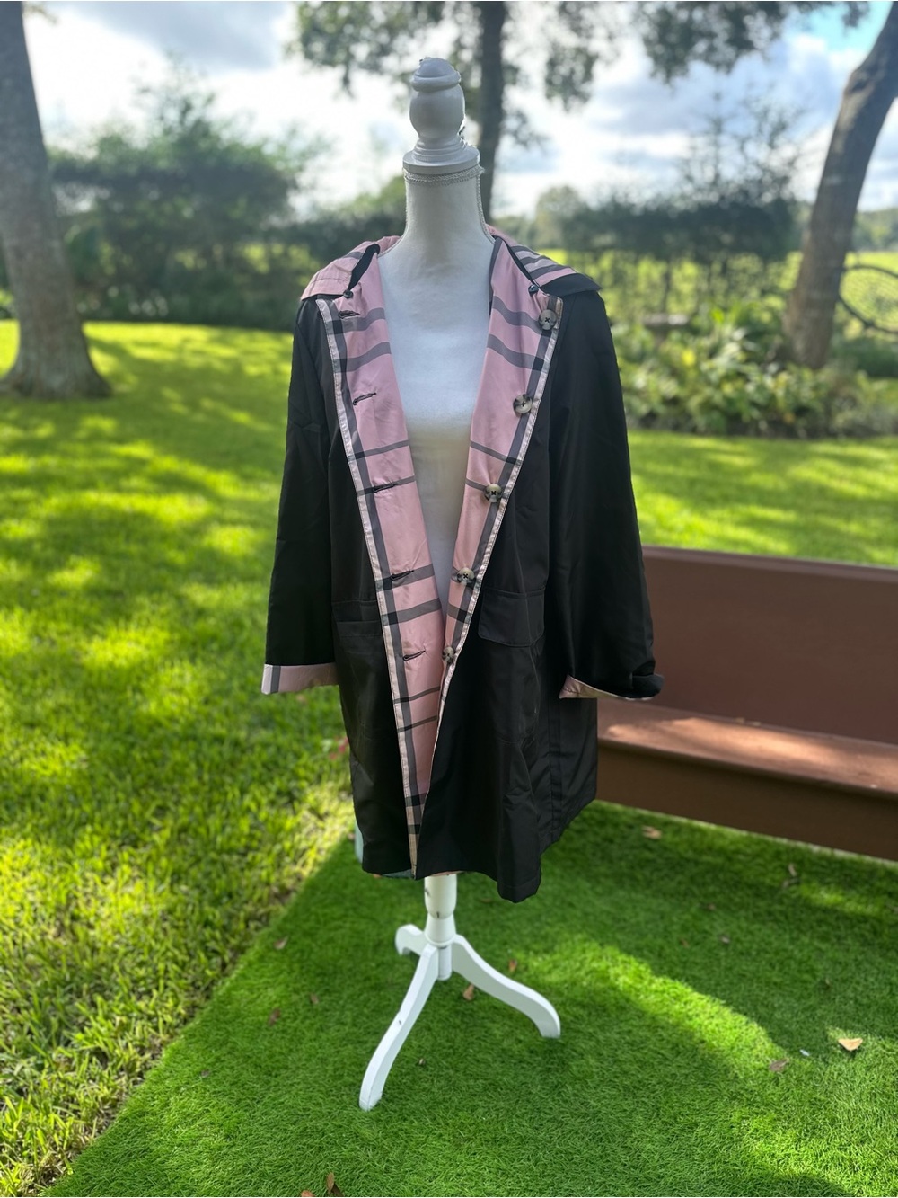 Black Trench Coat with Pink Lined Hood - Classic Womens Trench